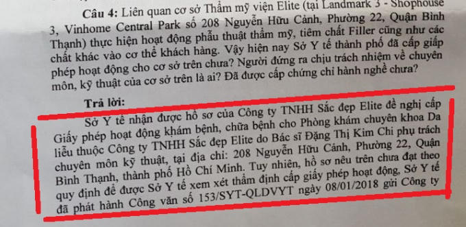 Cơ sở l&agrave;m đẹp Elite Beauty Centre: Giấy ph&eacute;p hoạt động chưa được Sở Y tế duyệt cấp