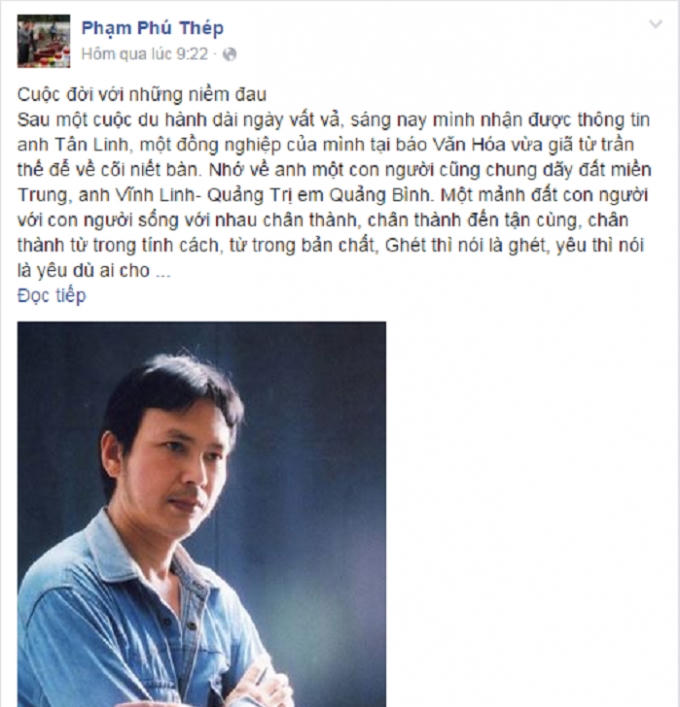 Chia sẻ về nhà thơ, nhà báo Tân Linh trên trang Facebook cá nhân của nhà báo Phạm Phú Thép.