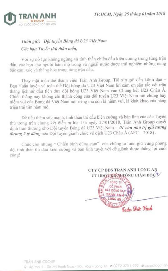 Thư của ông Trần Đức Vinh gửi đội tuyển U23 Việt Nam