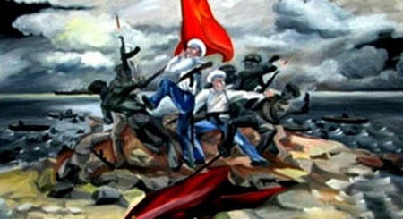 Bức tranh miêu tả cuộc chiến đấu bảo vệ đảo Gạc Ma của Hải quân Việt Nam ngày 14/3/1988, được treo tại phòng Truyền thống của Vùng 4 Hải quân. Ảnh internet.