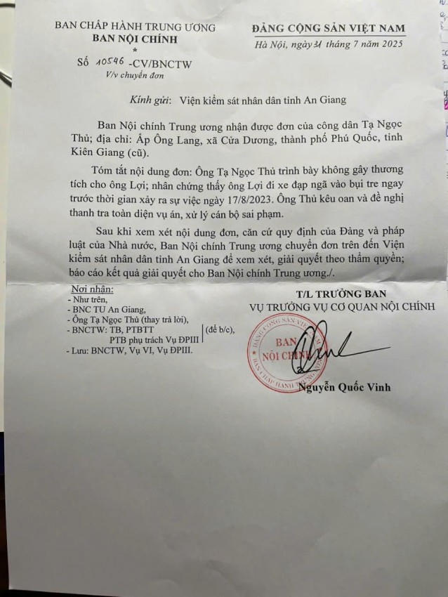 Công văn của Ban Nội chính Trung ương gửi Viện kiểm sát nhân dân tỉnh An Giang đề nghị xem xét, giải quyết đơn kêu oan của anh Thủ.