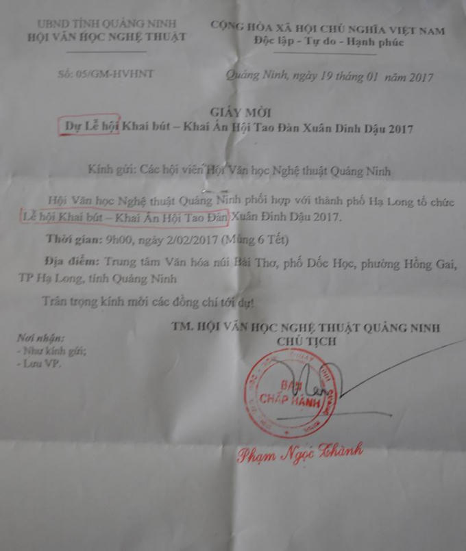 Giấy mời trong lễ hội do Chủ tịch Hội VHNT tỉnh Quảng Ninh cho rằng đây là một Lễ hội.