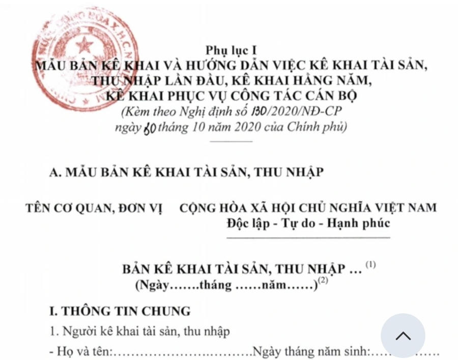 Mẫu bản kê khai tài sản, thu nhập theo Nghị định 130/2020 của Chính phủ.