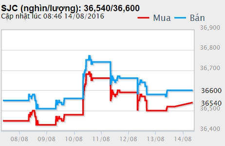 Biểu đồ giá vàng trong nước tuần qua(8/8 - 14/8). Ảnh nguồn Doji.vn