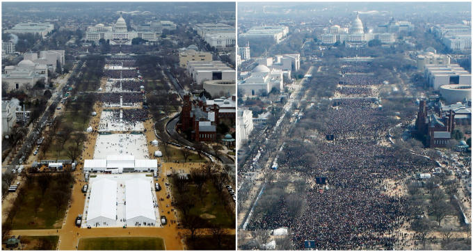 Bức ảnh so sánh lễ nhậm chức của ông Trump (trái) và Barack Obama (phải) trong nhiệm kỳ đầu. (Ảnh: Guardian)