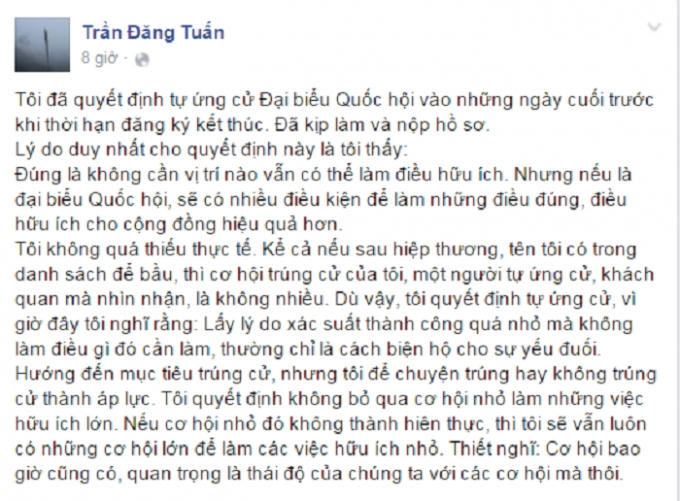 Dòng trạng thái được cho là viết bởi ông Trần Đăng Tuấn.