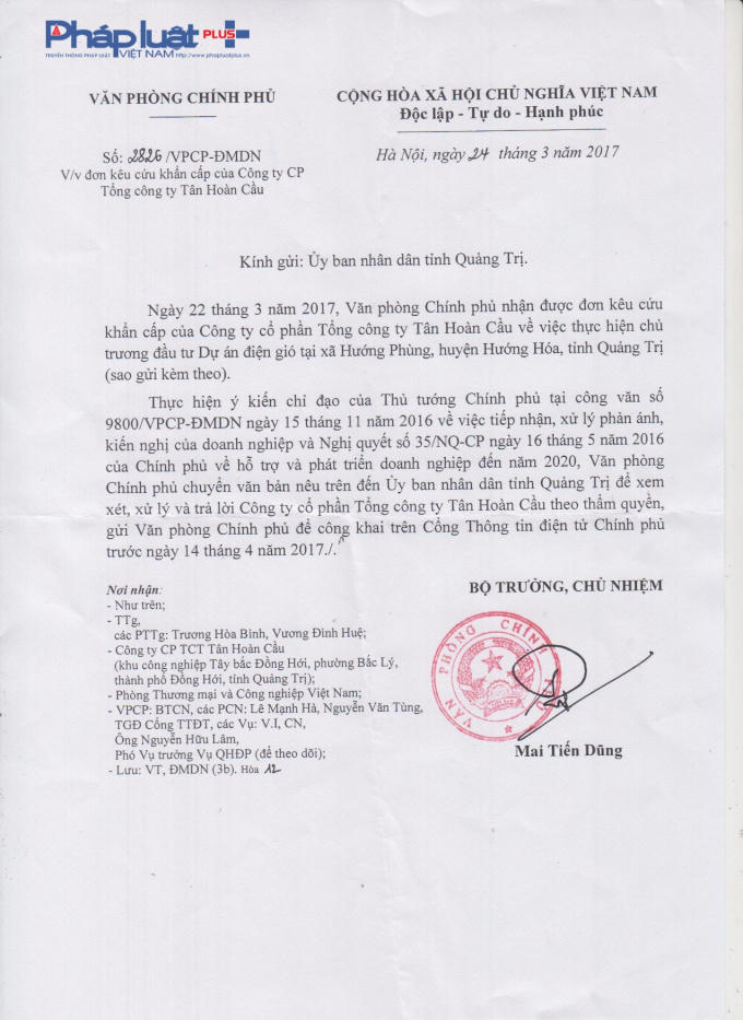 Văn phòng Chính phủ có công văn yêu cầu UBND tỉnh Quảng Trị xử lý sự việc.
