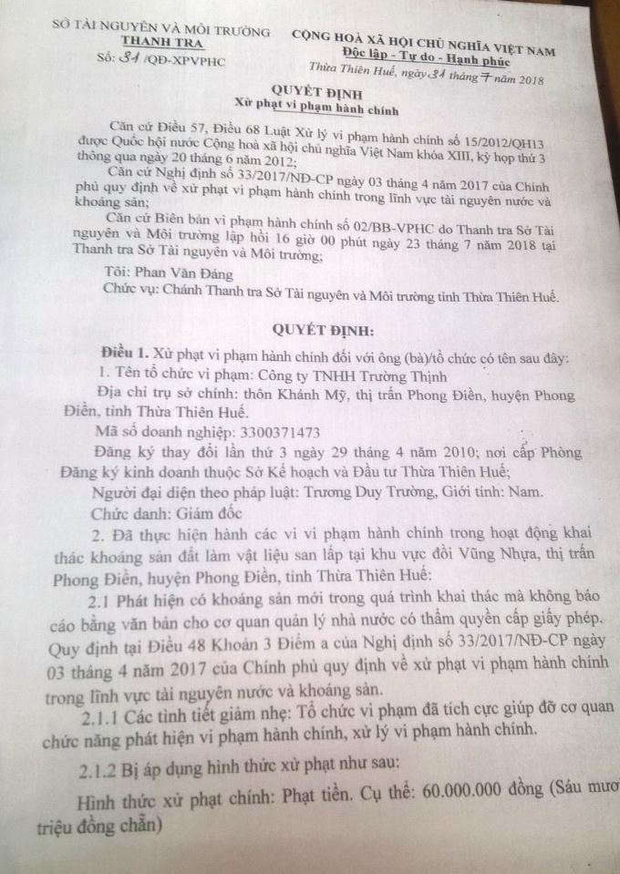 Quyết định xử phạt hành chính đối với Công ty TNHH Trường Thịnh.