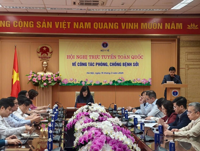 Hội nghị trực tuyến về công tác phòng chống bệnh sởi do Bộ Y tế tổ chức. Ảnh: Baotintuc