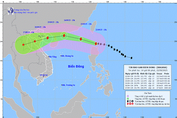 Vào hồi 13h ngày 22/9, tâm siêu bão RAGASA ở khoảng 19,4°N – 121,7°E, cách đảo Lu-Dông (Philippines) khoảng 140km về phía Bắc. Sức gió mạnh nhất gần tâm siêu bão cấp 17 (202–221 km/h), giật trên cấp 17. Di chuyển theo hướng Tây Tây Bắc, tốc độ khoảng 20-25km/h.
