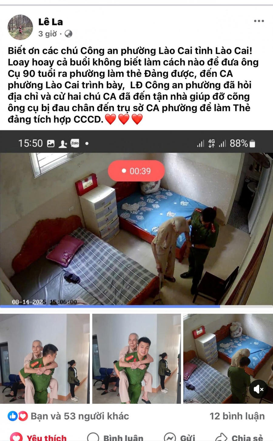 Bài viết với hình ảnh đẹp, giàu sức lan toả về người chiến sĩ Công an nhân dân "Vì nhân dân phục vụ" đăng trên facebook của chị Lê La.
