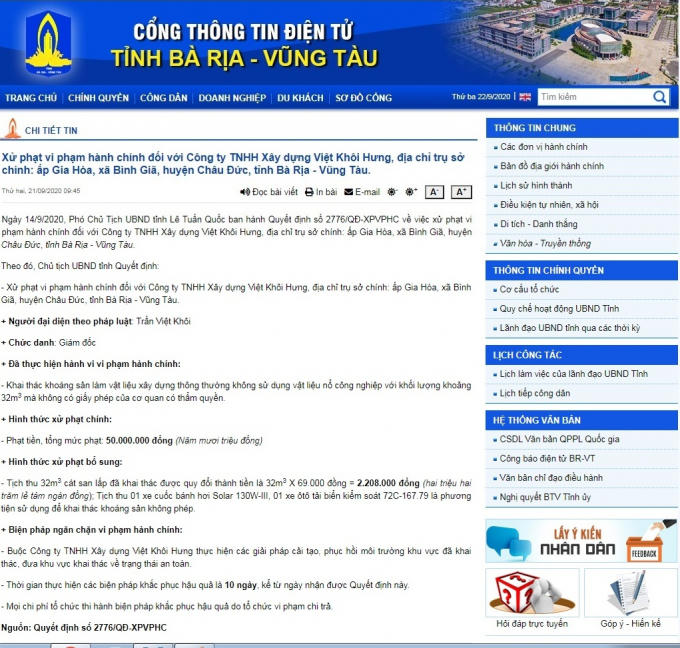 Quyết định xử phạt Công ty Việt Khôi Hưng được công bố trên cỏng thông tin tỉnh BR – VT.