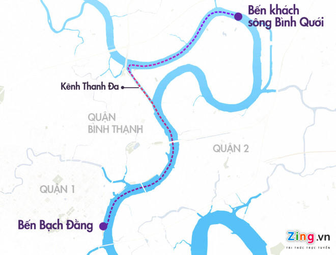 Lộ trình cụ thể của tuyến buýt số 1: Bến số 1 (Bạch Đằng, quận 1) - bến số 2 (Sài Gòn Pearl, quận Bình Thạnh) - bến số 3 (Bình An, quận 2) - bến số 4 (Thảo Điền, quận 2) - bến số 5 (Tầm Vu, quận Bình Thạnh) - bến số 6 (Thanh Đa, quận Bình Thạnh) - bến số 7 (Bình Triệu, quận Thủ Đức) - bến số 8 (Hiệp Bình Chánh, quận Thủ Đức) - bến số 9 (Bình Quới, quận Thủ Đức). Đồ họa: Minh Trí.