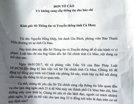 Đơn tố cáo của bà Nguyễn Hồng Điệp, bút danh Gia Bách phóng viên Báo Thanh niên.