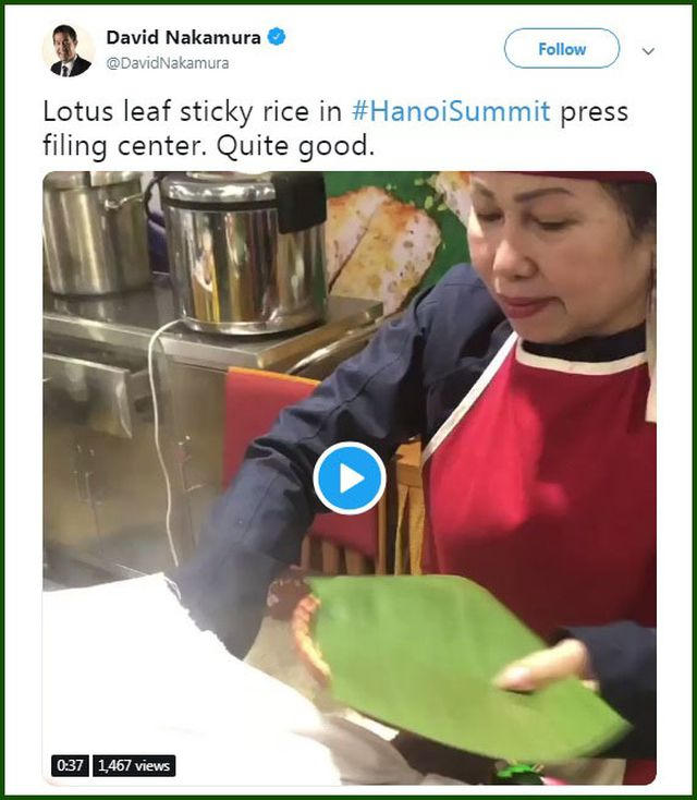 Ông Nakamura đăng tải lại clip được phục vụ món xôi lá sen tại khu vực chiêu đãi ẩm thực dành cho các phóng viên quốc tế bên lề hội nghị thượng đỉnh lần này.