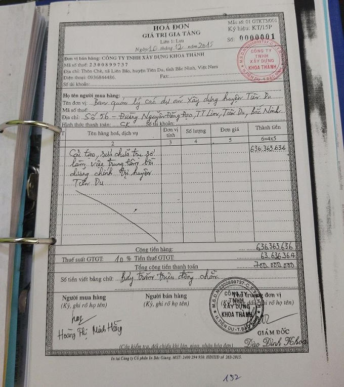 Hóa đơn số 0000001 của công ty TNHH xây dựng Khoa Thành xuất cho Ban quản lý các dự án xây dựng huyện Tiên Du.