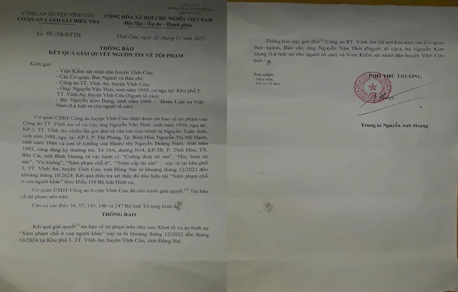 Thông báo kết quả giải quyết nguồn tin về tội phạm của Công an huyện Vĩnh Cửu.