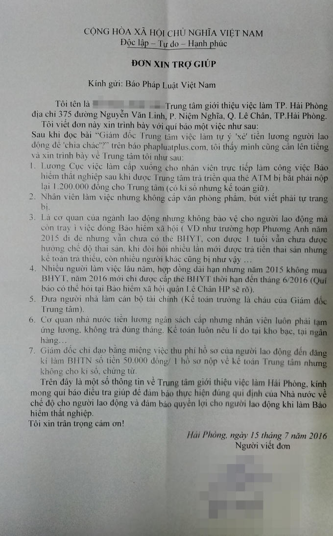 Đơn "tố" của cán bộ Trung tâm Dịch vụ Việc làm TP Hải Phòng.