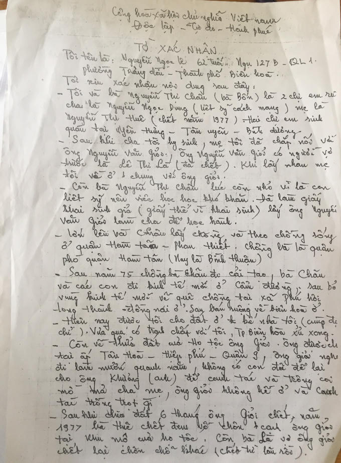 Tờ xác nhận của bà Lệ.