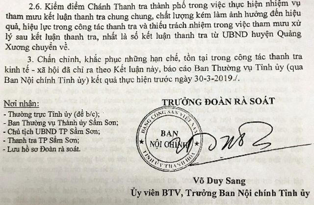 Chánh Thanh tra thành phố Sầm Sơn bị đề nghị kiểm điểm.