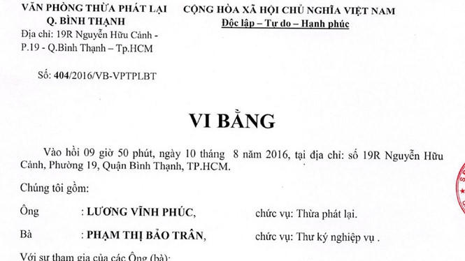 Văn phòng Thừa phát lại quận Bình Thạnh đã xác lập vi bằng vụ đưa hình ảnh trái phép lên Facebook  ẢNH THÁI SƠN