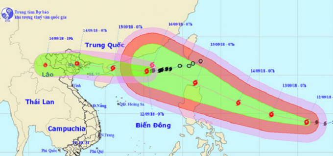 Sáng sớm 14/9, tâm bão số 5 có thể nằm ngay trên bờ biển các tỉnh từ Quảng Ninh tới Nam Định.