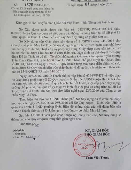 Công văn trả lời báo chi liên quan đến dự án 8B Lê Trực của Sở Xây dựng Hà Nội.