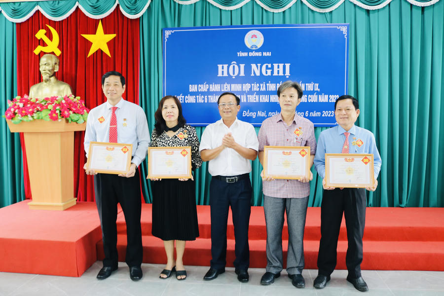 Trưởng cơ quan thường trực phía Nam Liên minh HTX Việt Nam Huỳnh Lam Phương trao Kỷ niệm chương vì sự nghiệp phát triển HTX cho Phó Chủ tịch UBND tỉnh Võ Văn Phi và các cá nhân