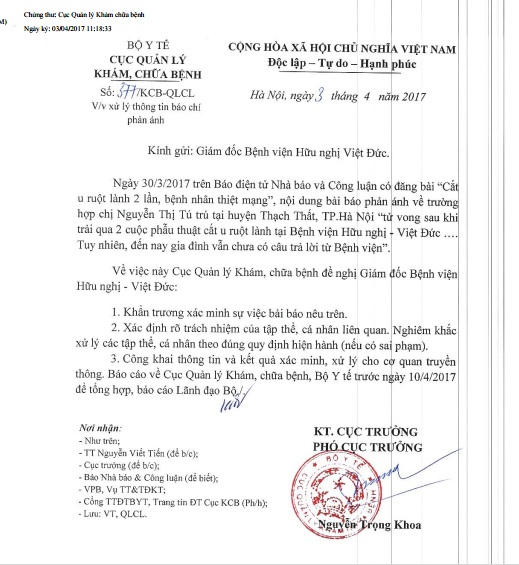 Công văn Cục Quản lý Khám, Chữa bệnh gửi Giám đốc bệnh viện Việt Đức.