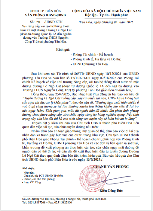 Văn bản chỉ đạo của lãnh đạo UBND TP Biên Hoà.