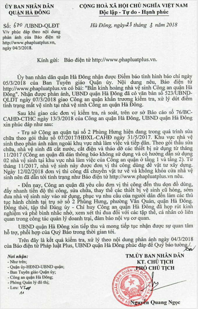 Công văn phúc đáp nội dung Pháp Luật Plus phản ánh của UBND quận Hà Đông.