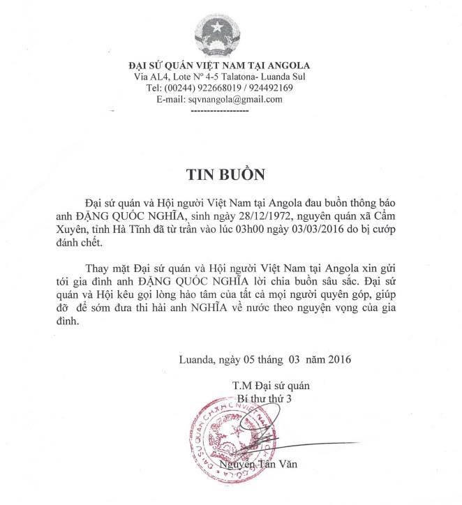 Tin buồn của Đại sứ quán Việt Nam tại Angola về vụ việc anh Nghĩa bị cướp sát hại.