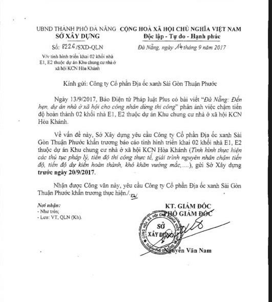 Sở Xây dựng TP Đà Nẵng yêu cầu chủ đầu tư Công ty CP Địa ốc Xanh Sài Gòn Thuận Phước phải có giải trình về dự án trước ngày 20/9.
