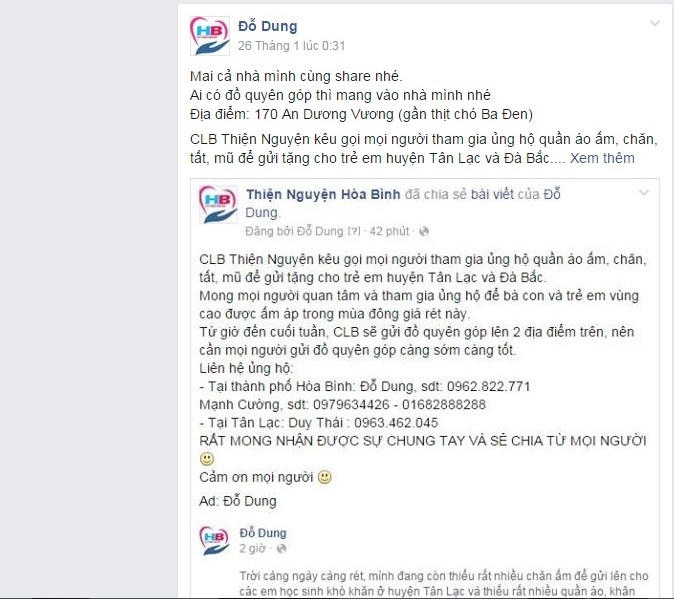 Nhóm thiện nguyện Hòa Bình kêu gọi ủng hộ người nghèo vùng cao. Ảnh Facebook