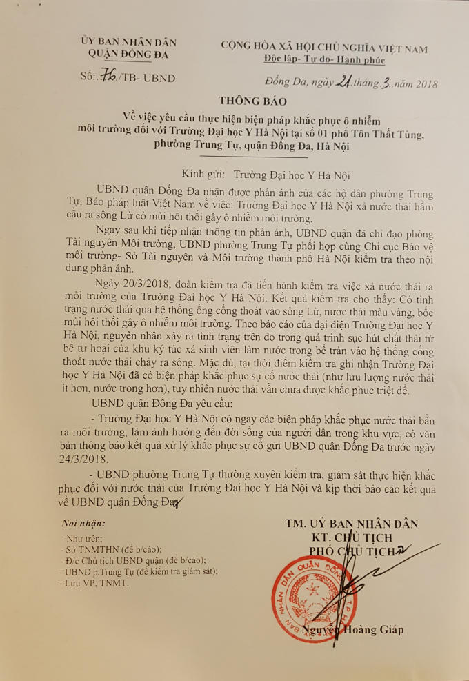 Thông báo số 76/TB - UBND của UBND quận Đống Đa gửi đến Trường ĐH Y Hà Nội và các cơ quan chức năng sau khi Pháp luật Plus (báo Pháp luật Việt Nam) đăng tải bài viết.