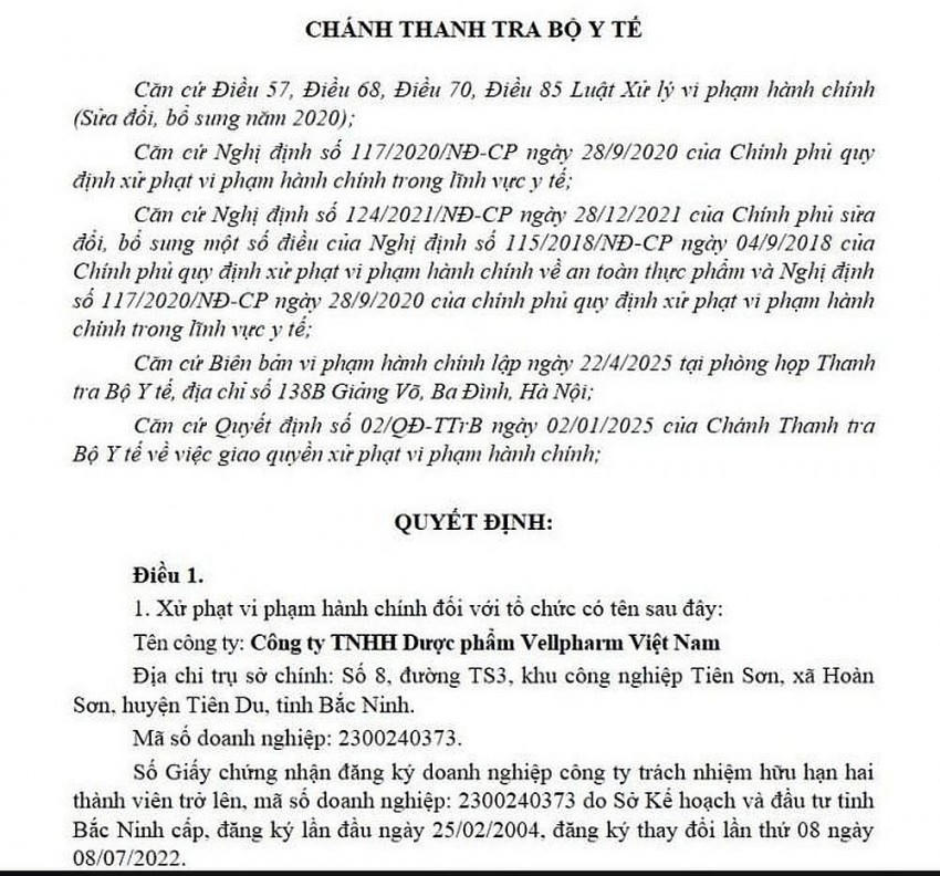Công ty TNHH Dược phẩm Vellpharm Việt Nam bị phạt số tiền 30 triệu đồng.