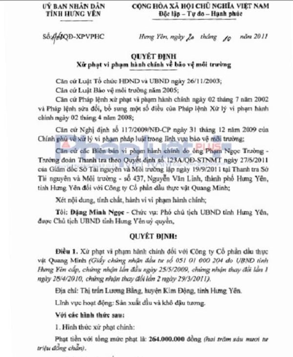 Quyết định xử phạt của UBND tỉnh Hưng Yên với tập đoàn QMC.