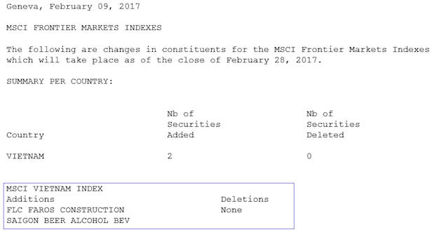 Kết quả đảo danh mục hàng quý đợt tháng 2/2017 của MSCI Frontier Markets Index.