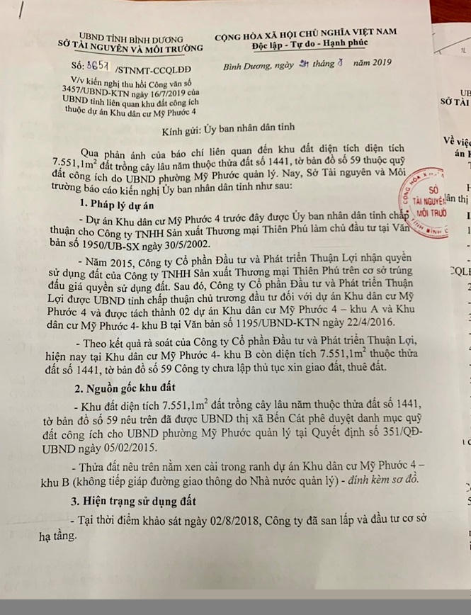 Sau khi UBND tỉnh chỉ đạo lập đoàn kiểm tra, trong ngày 24/7 Sở TNMT Bình Dương đã có công văn gửi UBND tỉnh kiến nghị thu hồi việc giao đất trước đó 1 tuần.