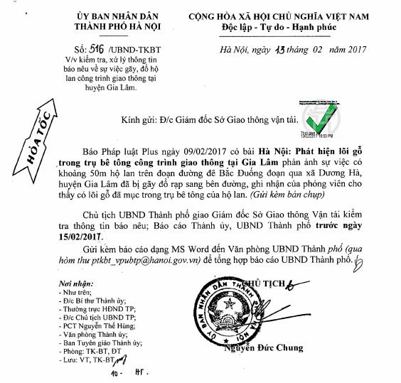 Công văn hỏa tốc Chủ tịch UBND TP Hà Nội yêu cầu giám đốc Sở GTVT Hà Nội giải quyết sự việc.