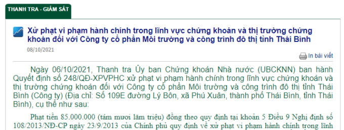 cong ty cp moi truong va cong trinh tinh thai binh bi xu phat
