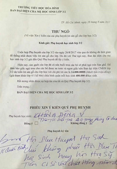 Thư ngỏ về việc đóng góp của ban đại diện cha mẹ học sinh và phản đối của phụ huynh. Ảnh: NVCC.