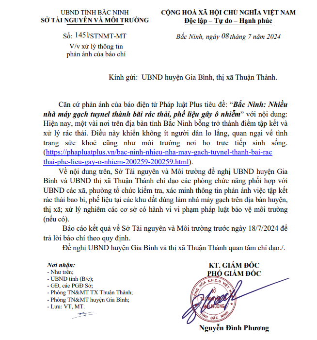 Văn bản của Sở TNMT tỉnh Bắc Ninh đề nghị huyện Gia Bình và thị xã Thuận Thành kiểm tra và xử lý