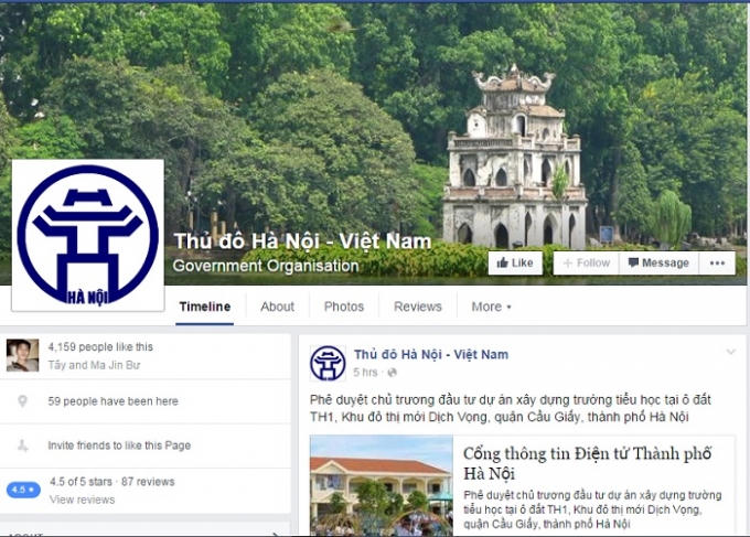Giao diện facebook chính quyền Hà Nội
