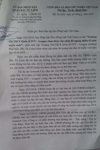 Công văn của UBND quận Bắc Từ Liêm gửi Pháp luật Plus (báo Pháp luật Việt Nam).