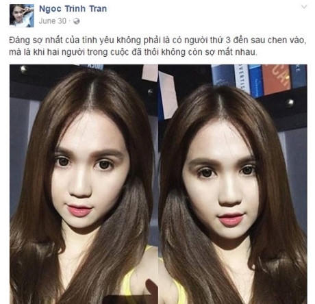 Trước đó, Ngọc Trinh cũng thường xuyên đăng những dòng trạng thái tâm trạng, bóng gió về sự cô đơn và tình yêu đổ vỡ.