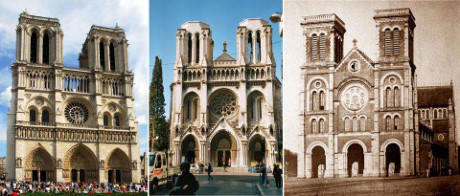 Từ trái qua là các nhà thờ Đức Bà ở Paris, ở Nice, ở Sài Gòn (trước năm 1895) với những nét tương đồng nhất định