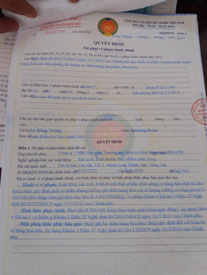 Biên bản xử phạt vi phạm đối với Công ty Hoài Thương.