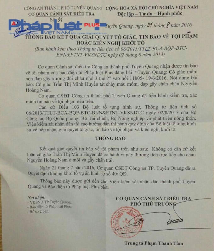 Thông báo của Công an TP - Tuyên Quang.