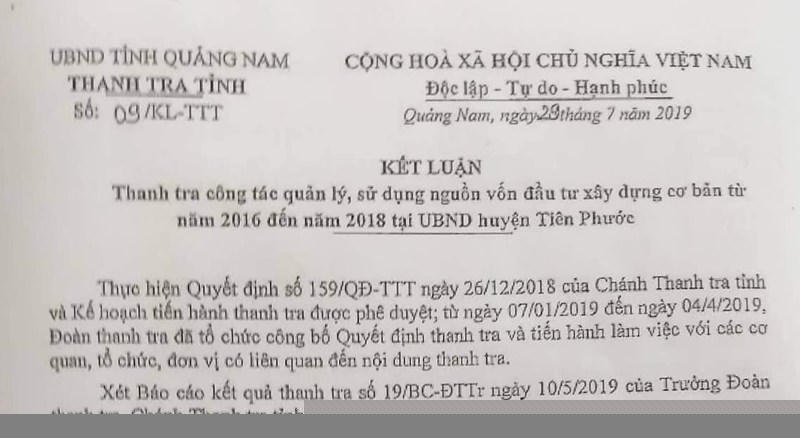 Kết luận thanh tra. Ảnh: TN.